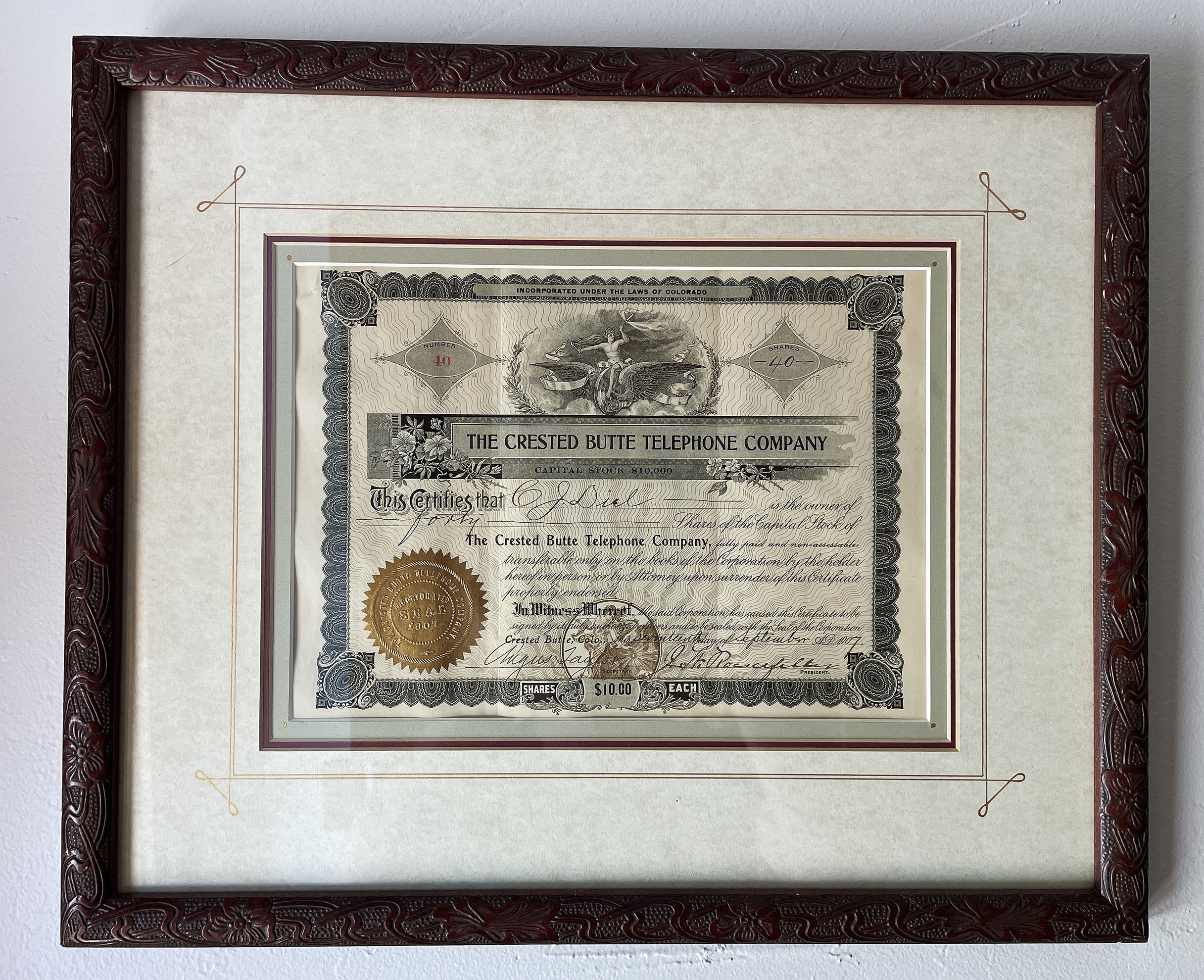 CRESTED BUTTE TELEPHONE COMPANY stock certificate issued September 1907 signed J.W. Rockefeller