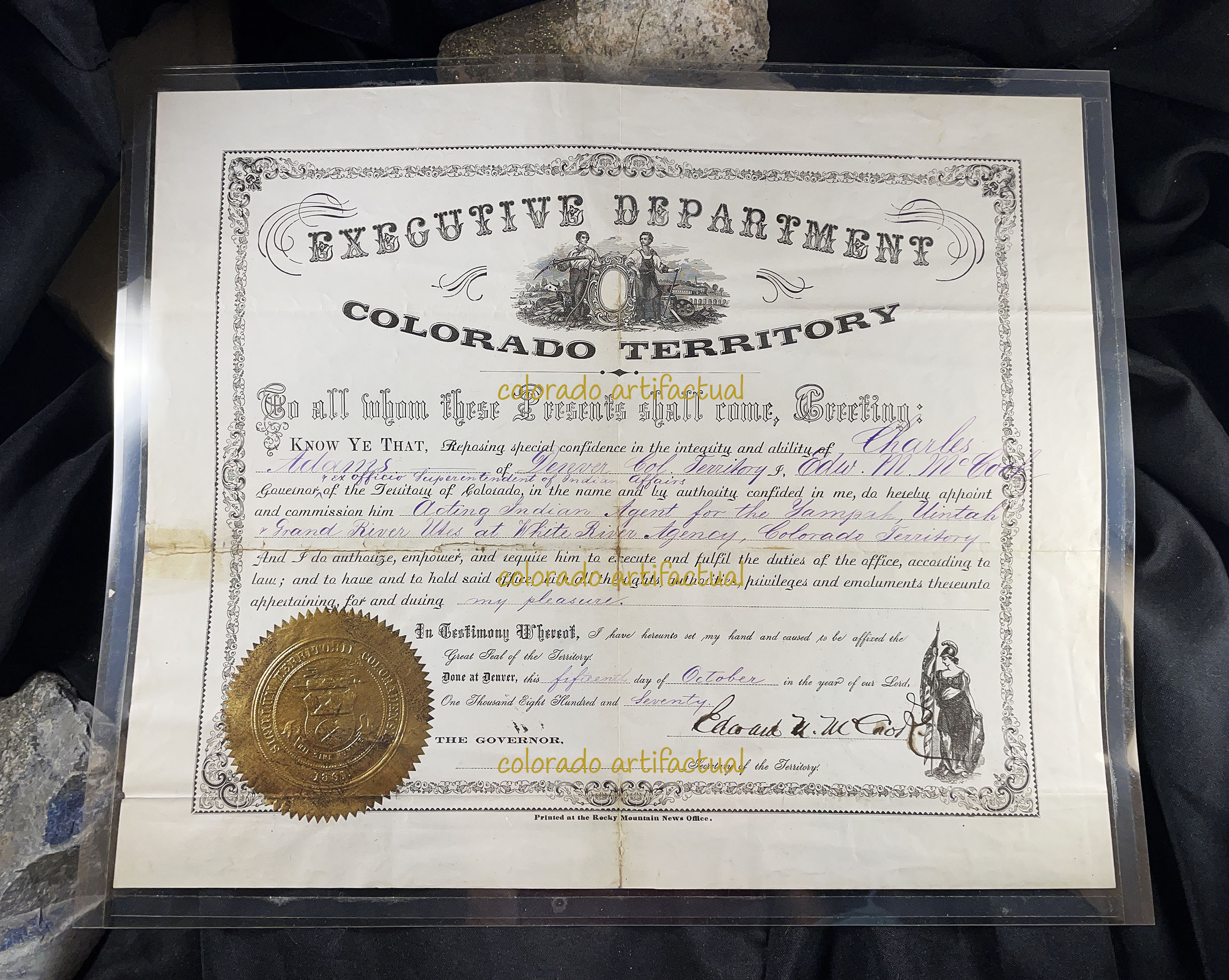 CHARLES ADAMS WHITE RIVER UTE AGENCY Meeker Massacre Edward McCook appointment document 1870