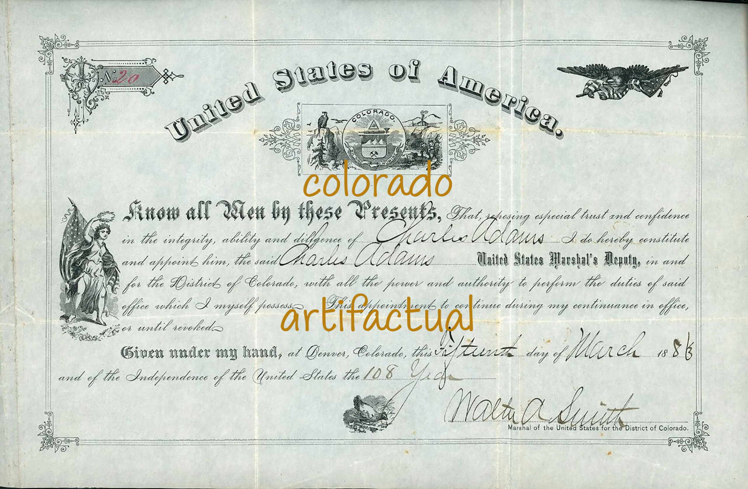 CHARLES ADAMS UNITED STATES DEPUTY MARSHAL official appointment document 1883