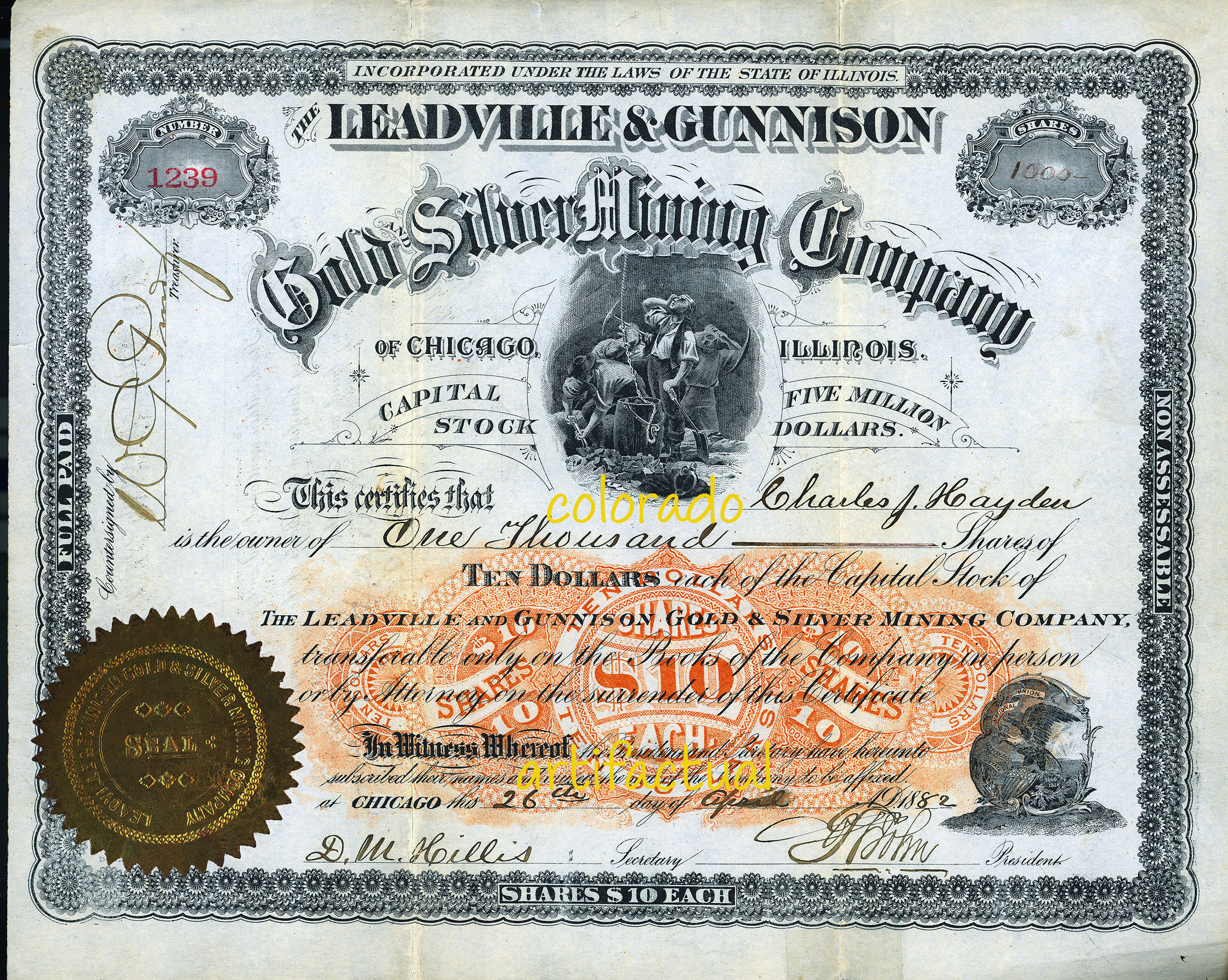 LEADVILLE & GUNNISON GOLD & SILVER MINING COMPANY Colorado stock certificate issued 1882