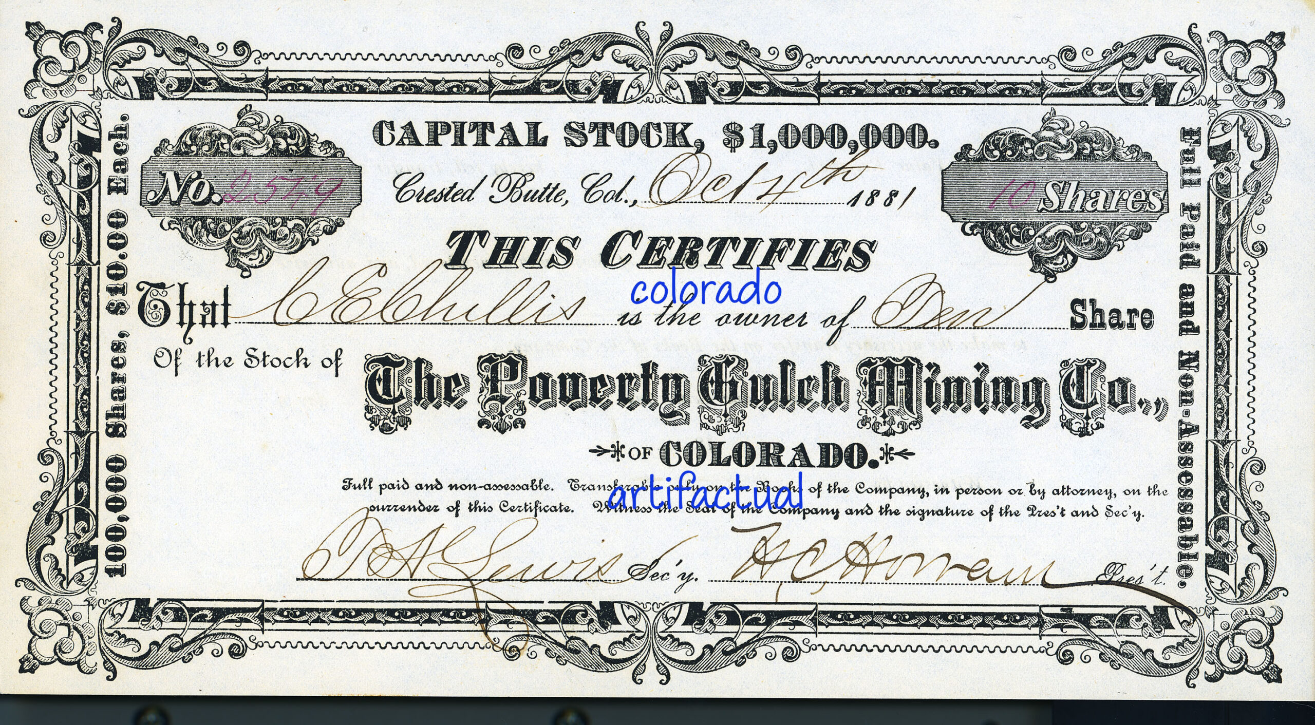 POVERTY GULCH MINING COMPANY Crested Butte Colorado stock certificate 1881