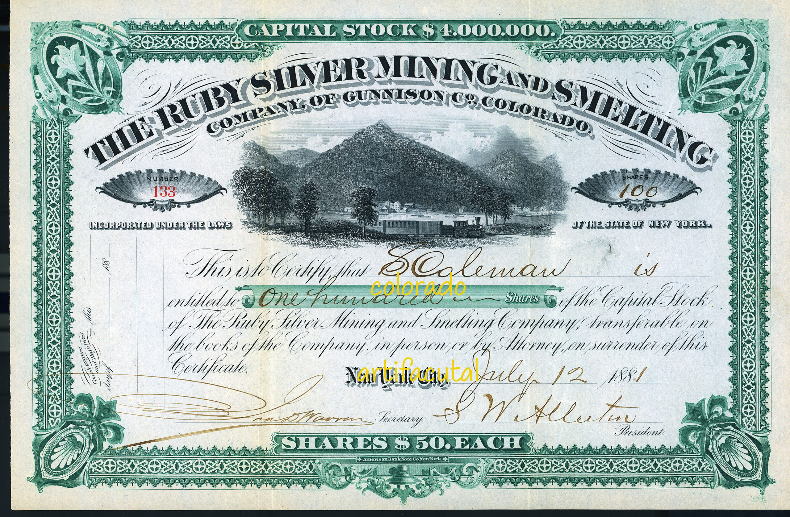 RUBY SILVER MINING AND SMELTING COMPANY Gothic Gunnison County Colorado stock certificate 1881