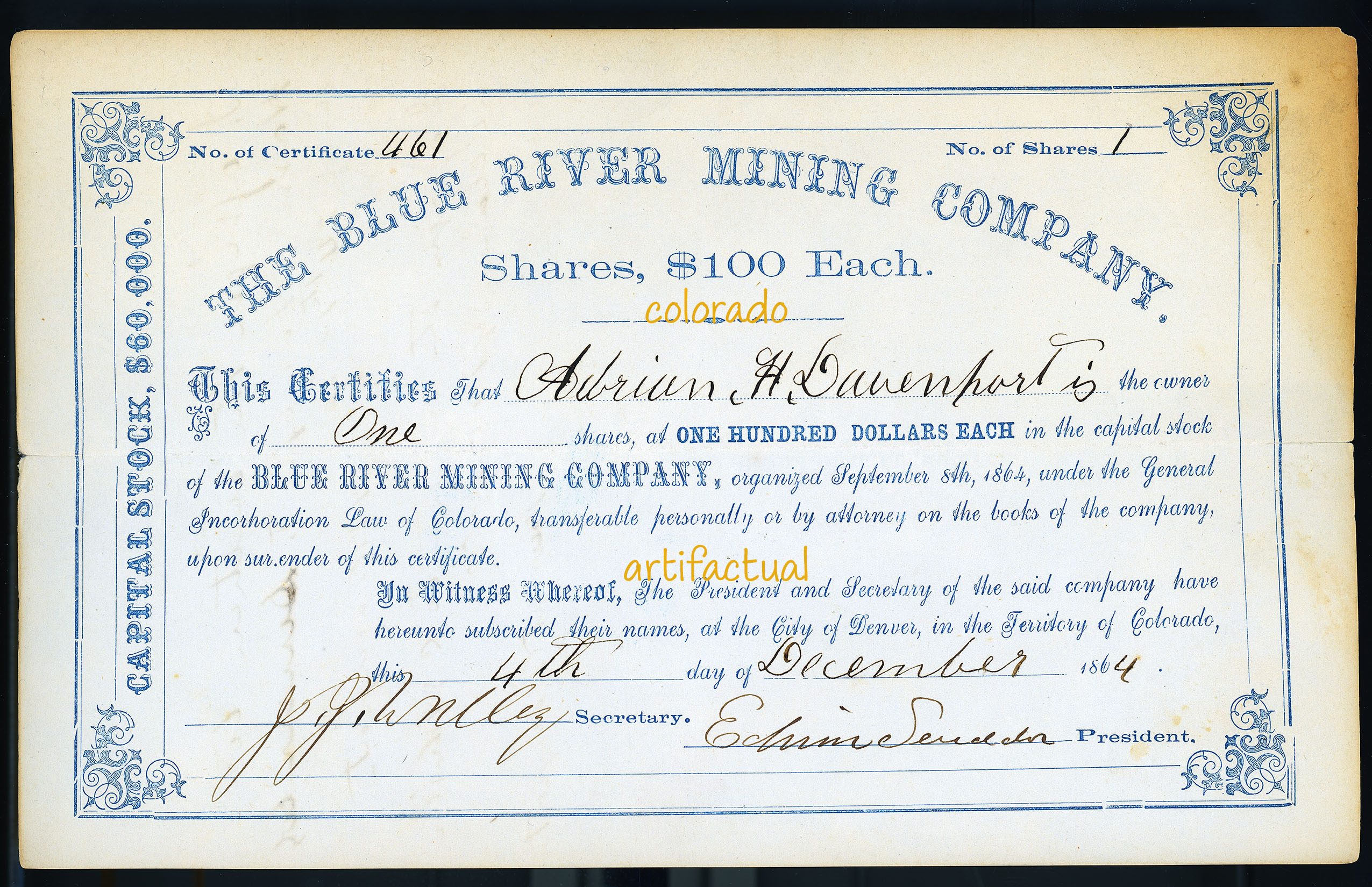 BLUE RIVER MINING COMPANY stock certificate BRECKENRIDGE COLORADO TERRITORY 1864