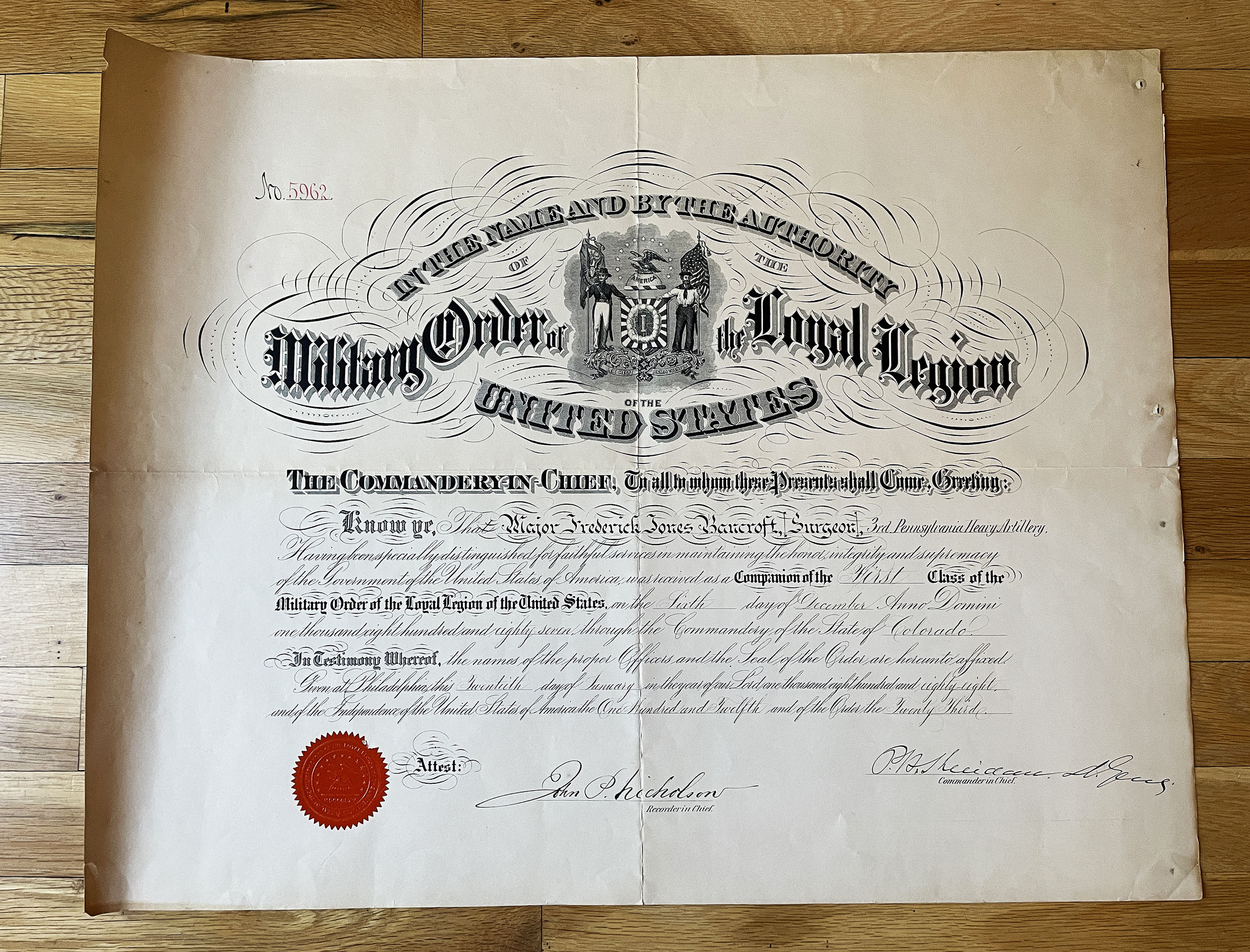 GENERAL PHIL SHERIDAN signature MILITARY ORDER LOYAL LEGION Major Frederick Bancrof Surgeon document 1887