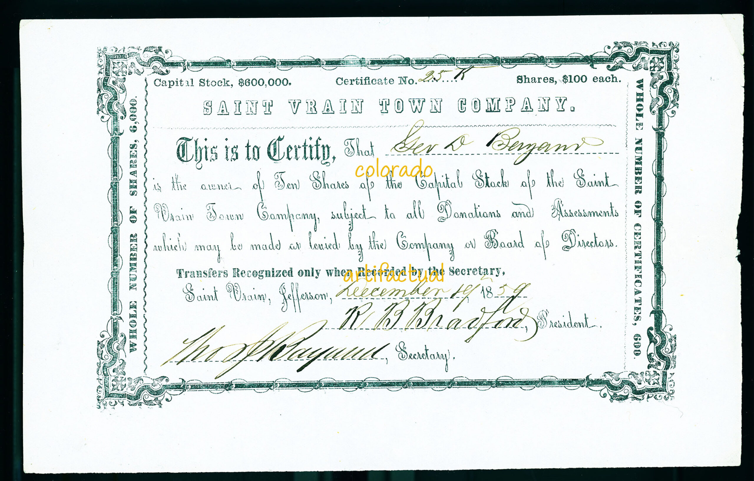 SAINT VRAIN TOWN COMPANY stock certificate historical Jefferson Territory document Colorado 1859