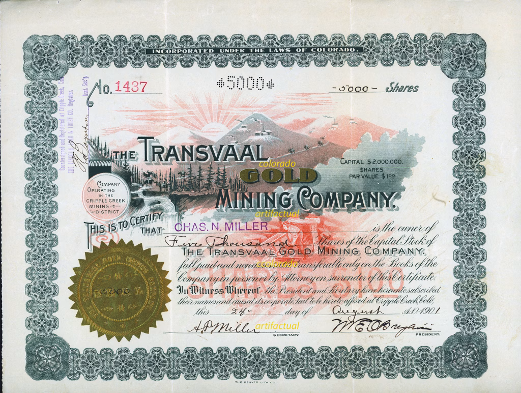 The Transvaal Gold Mining Company stock certificate #1437 signed by Mollie E. O'Bryan representing mining property in Cripple Creek Colorado 1901