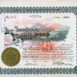 The Transvaal Gold Mining Company stock certificate #1437 signed by Mollie E. O'Bryan representing mining property in Cripple Creek Colorado 1901