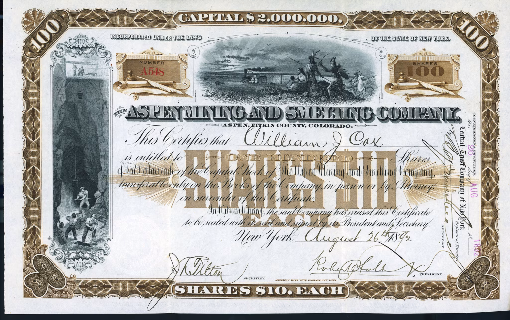 ASPEN MINING & SMELTING COMPANY stock certificate, Aspen, Colorado August 1892