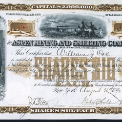 ASPEN MINING & SMELTING COMPANY stock certificate, Aspen, Colorado August 1892