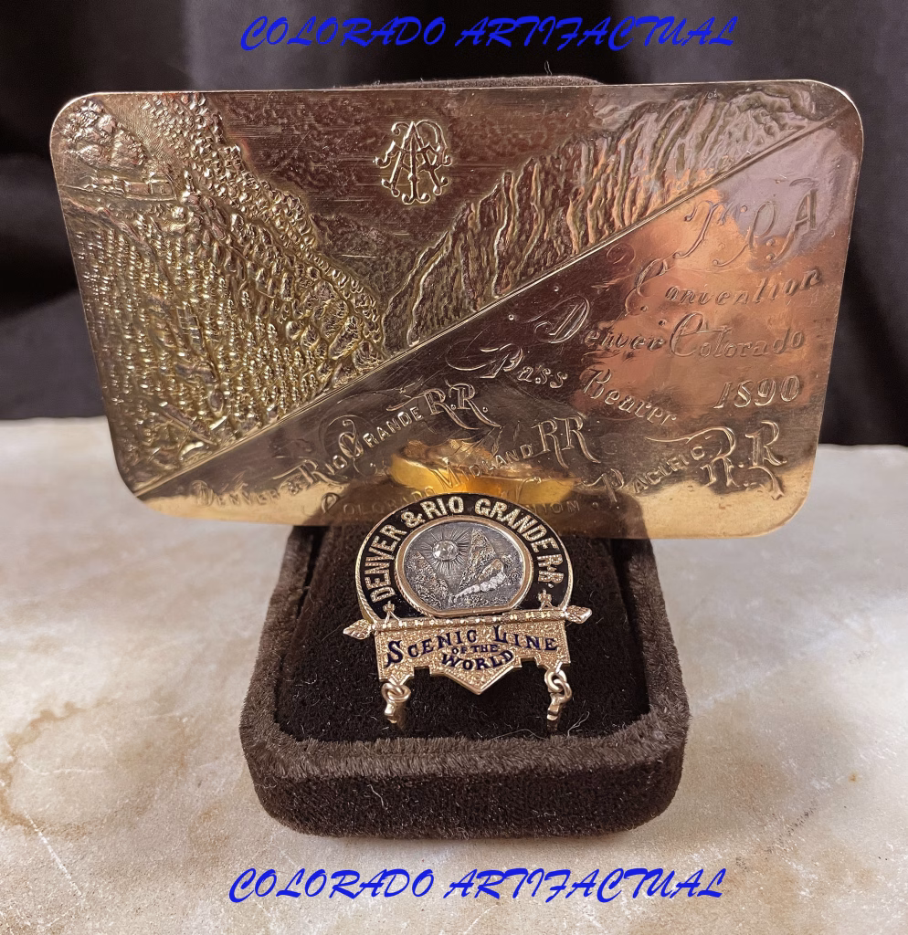 Denver & Rio Grande Railroad special S.K. Hooper gold, platinum & diamond pin and gold railroad pass 1890