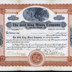 The Gold Kines Company, signed by gold baron, E. A. Colburn, owned original Bob Womack gold discovery claim for the Cripple Creek District, Colorado.