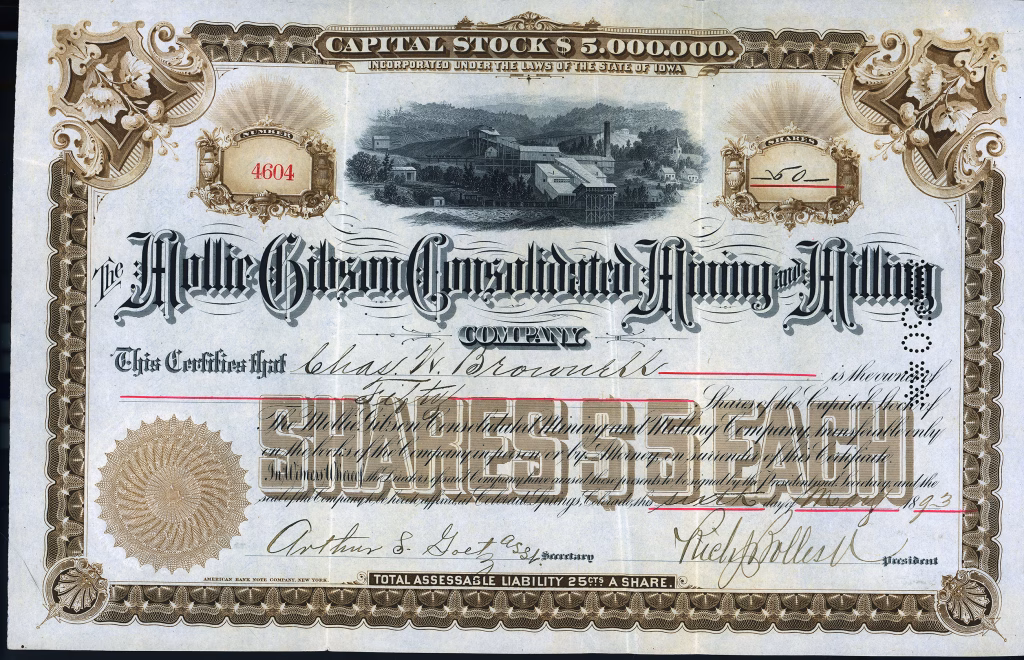 Mollie Gibson Consolidated Mining and Milling Company stock certificate Aspen Colorado 1893