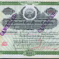 Portland Gold Mining Co stock certificate, signed by James Burns & James Doyle, co-discoverers, 1895