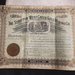 The Stratton West Creek Gold Mining Company, Colorado stock certificate, issued 1897.