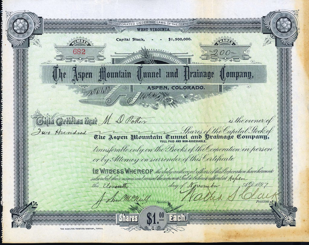 The Aspen Mountain Tunnel & Drainage Co. Colorado stock certificate 1897