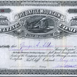 The Battle Mountain Smelting Company mining stock certificate, Red Cliff, Eagle County, Colorado, 1881.