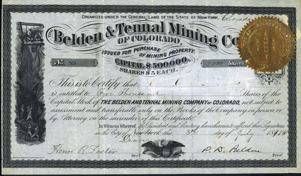 Belden & Tenal Mining Company of Colorado Territorial stock certificate 1876