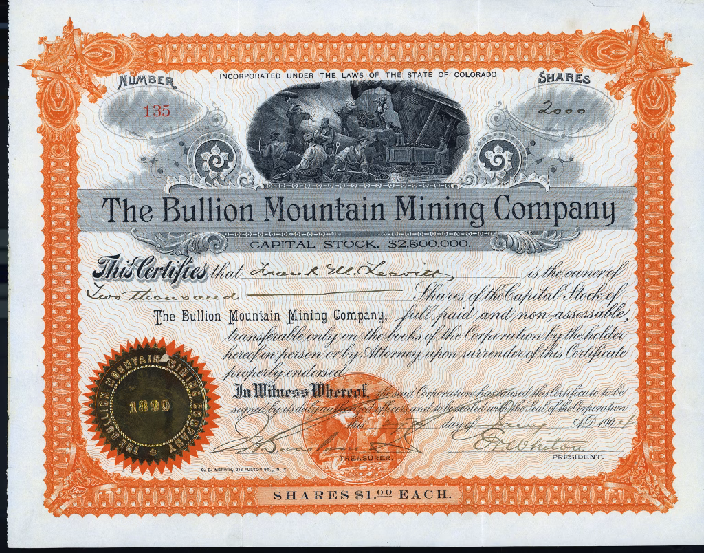 Bullion Mountain Mining Company stock certificate, Needle Mountain Mining District, La Plata County, Colorado, 1904