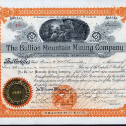 Bullion Mountain Mining Company stock certificate, Needle Mountain Mining District, La Plata County, Colorado, 1904