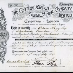 Central Aspen Silver Mining Hunter Park Pitkin County Colorado stock certificate 1891