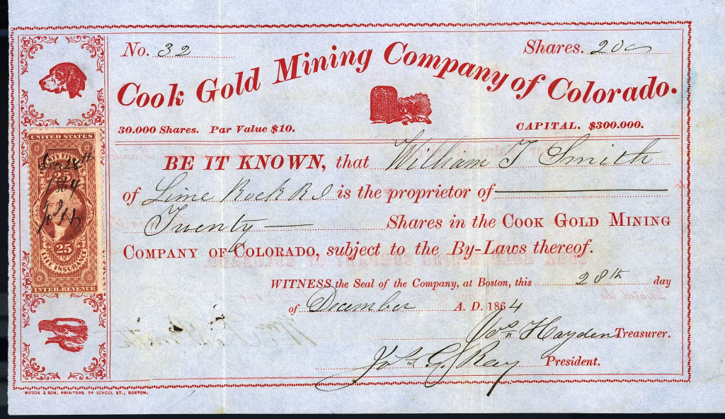 Cook Gold Mining Company of Colorado Territorial stock certificate, Gunnell Lode, Gilpin County, 1864