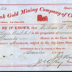Cook Gold Mining Company of Colorado Territorial stock certificate, Gunnell Lode, Gilpin County, 1864