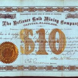 Defiance Gold Minming Company stock certificate #108, issued 1880, Central Mining District, Gilpin County, Colorado
