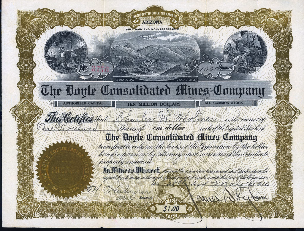 Doyle Consolidated Mines Company mining stock certificate, Montezuma County, Colorado 1910
