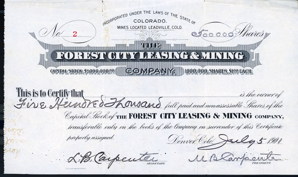 THE FOREST CITY LEASING & MINING COMPANY stock certificate Leadville Colorado 1901