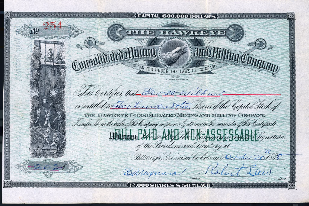 HAWKEYE CONSOLIDATED MINING AND MILLING COMPANY stock certificate Pittsburgh Gunnison County Colorado, 1888