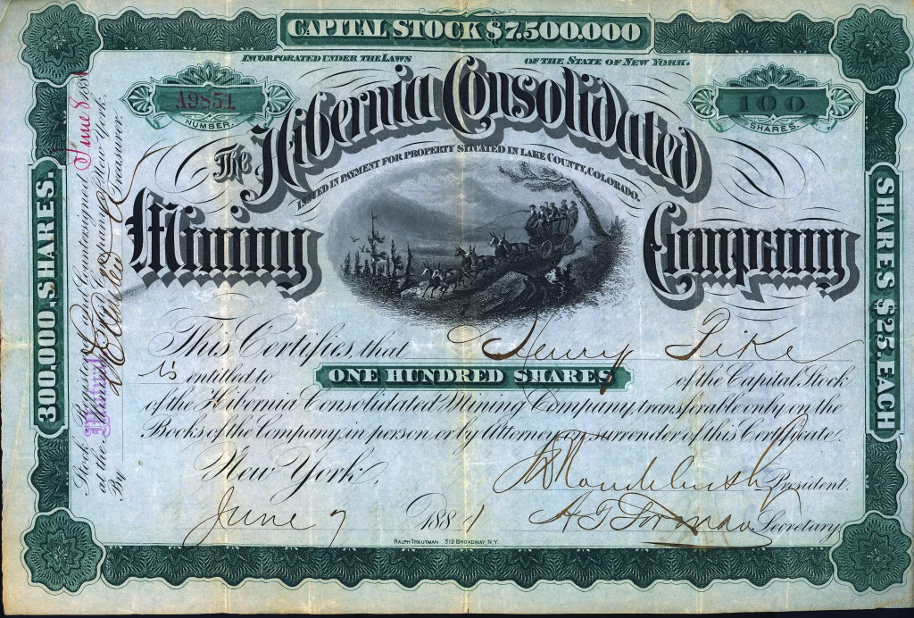 Hibernia Consolidated Mining Company, Leadville Mining District, Lake County, Colorado stock certificate, 1881