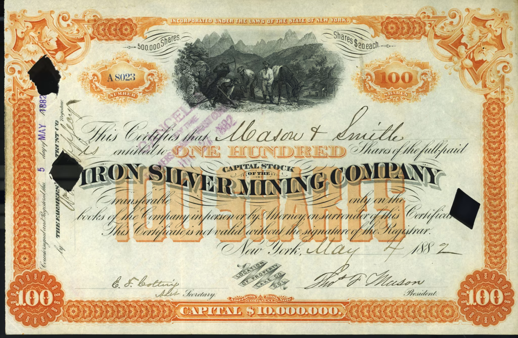 Iron Silver Mining Company Leadville Colorado stock certificate 1882