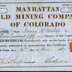 Manhattan Gold Mining Company of Colorado Territorial stock certificate 1867