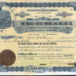 Needle Notch Mining & Milling Company stock certificate, Needle Mountain Mining District, La Plata County, Colorado, 1897