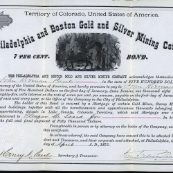 Philadelphia & Boston Gold & Silver Mining Company, California Gulch, Lake Lake, Colorado Territory stock certificate, 1875