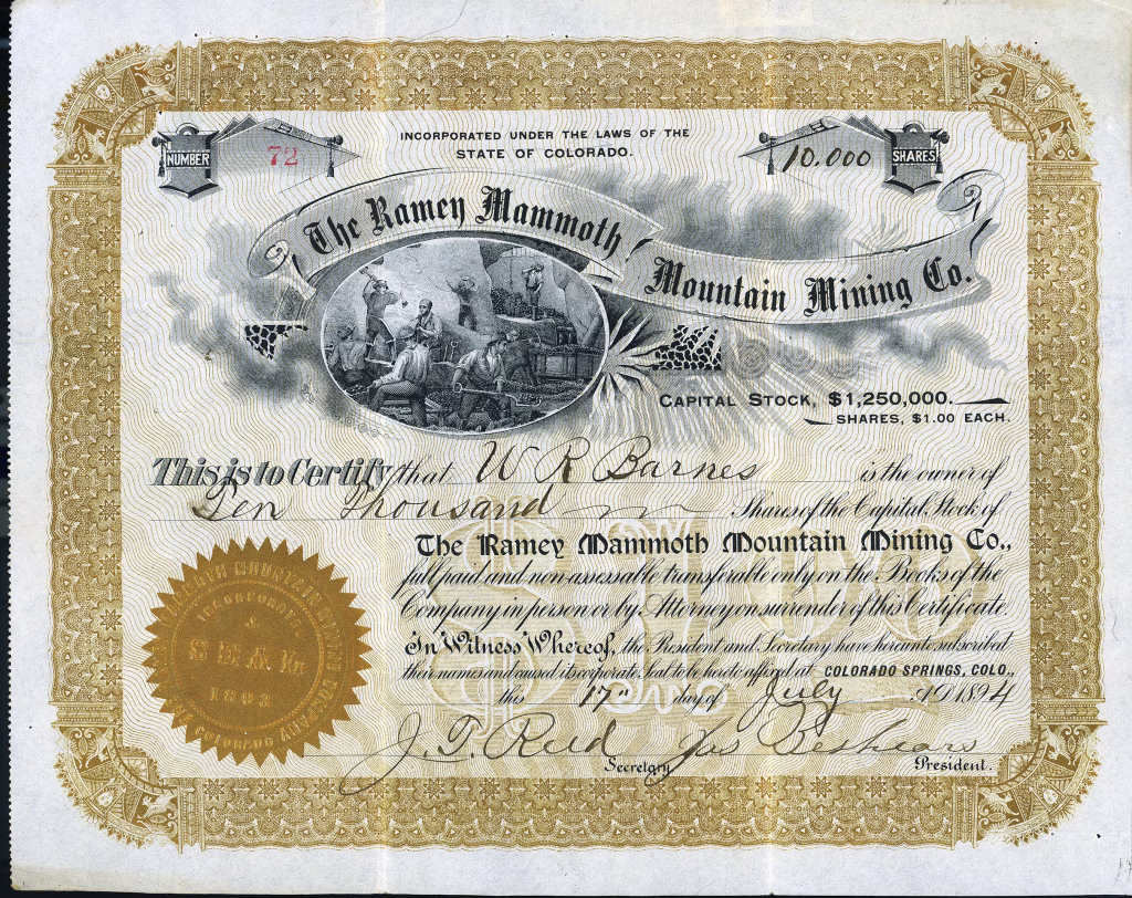 Ramey Mammoth Mountain Mining Company stock certificate, Creede, Mineral County, Colorado 1894