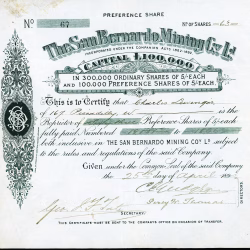 San Bernardo Mining Co., Ltd. stock certificate, Telluride, San Miguel County, Colorado 1893