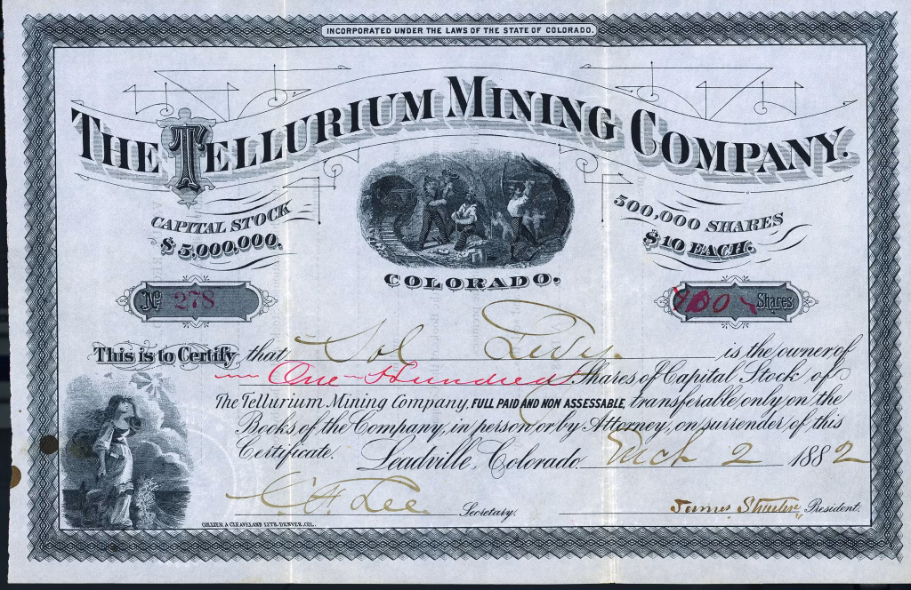 Tellurium Mining Company stock certificate, Holy Cross Spur, Tellurium District, Eagle County Colorado, 1882
