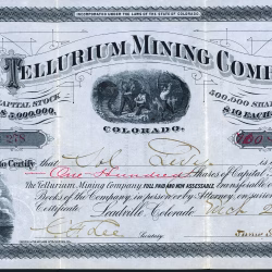 Tellurium Mining Company stock certificate, Holy Cross Spur, Tellurium District, Eagle County Colorado, 1882