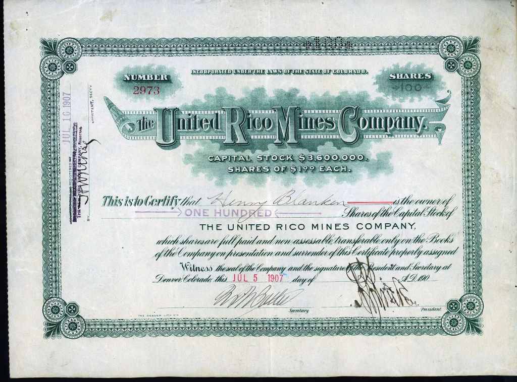 United Rico Mines Company Dolores County Colorado stock certificate 1907