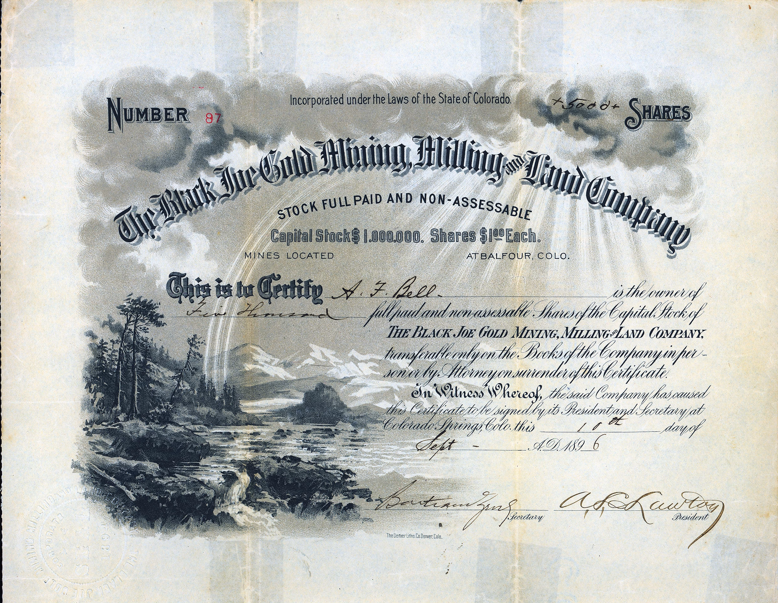 BLACK JOE GOLD MINING MILLING and LAND COMPANY stock certificate Balfour and Cripple Creek, Colorado