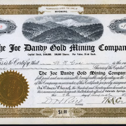Joe Dandy Gold Mining Company stock certificate, issued 1902, Cripple Creek Gold Mining District, Colorado.