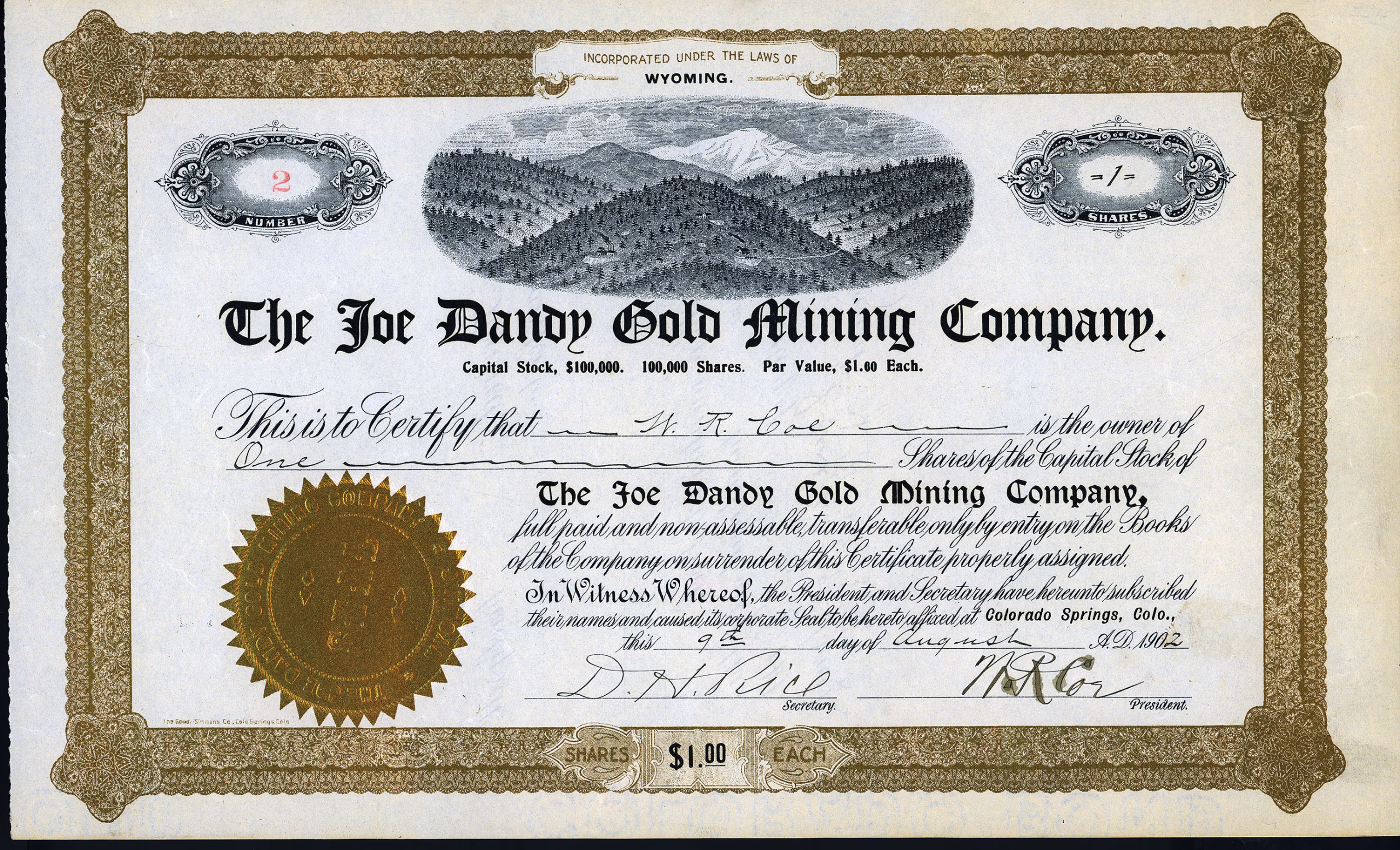 JOE DANDY GOLD MINING COMPANY stock certificate Cripple Creek Gold Mining District Colorado