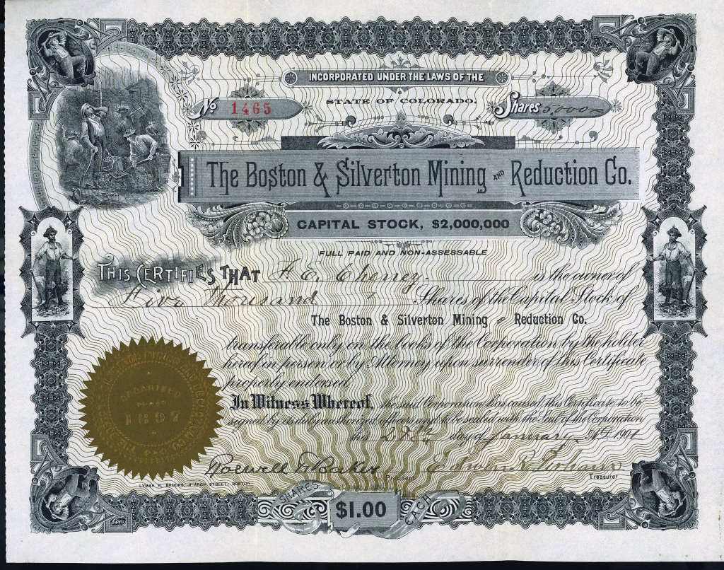 BOSTON & SILVERTON MINING and REDUCTION COMPANY Colorado stock certificate 1901