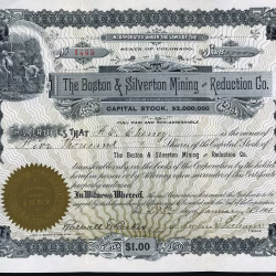 BOSTON & SILVERTON MINING and REDUCTION COMPANY Colorado stock certificate 1901