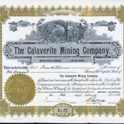CALAVERITE MINING COMPANY stock certificate Silverton San Juan County Colorado 1896