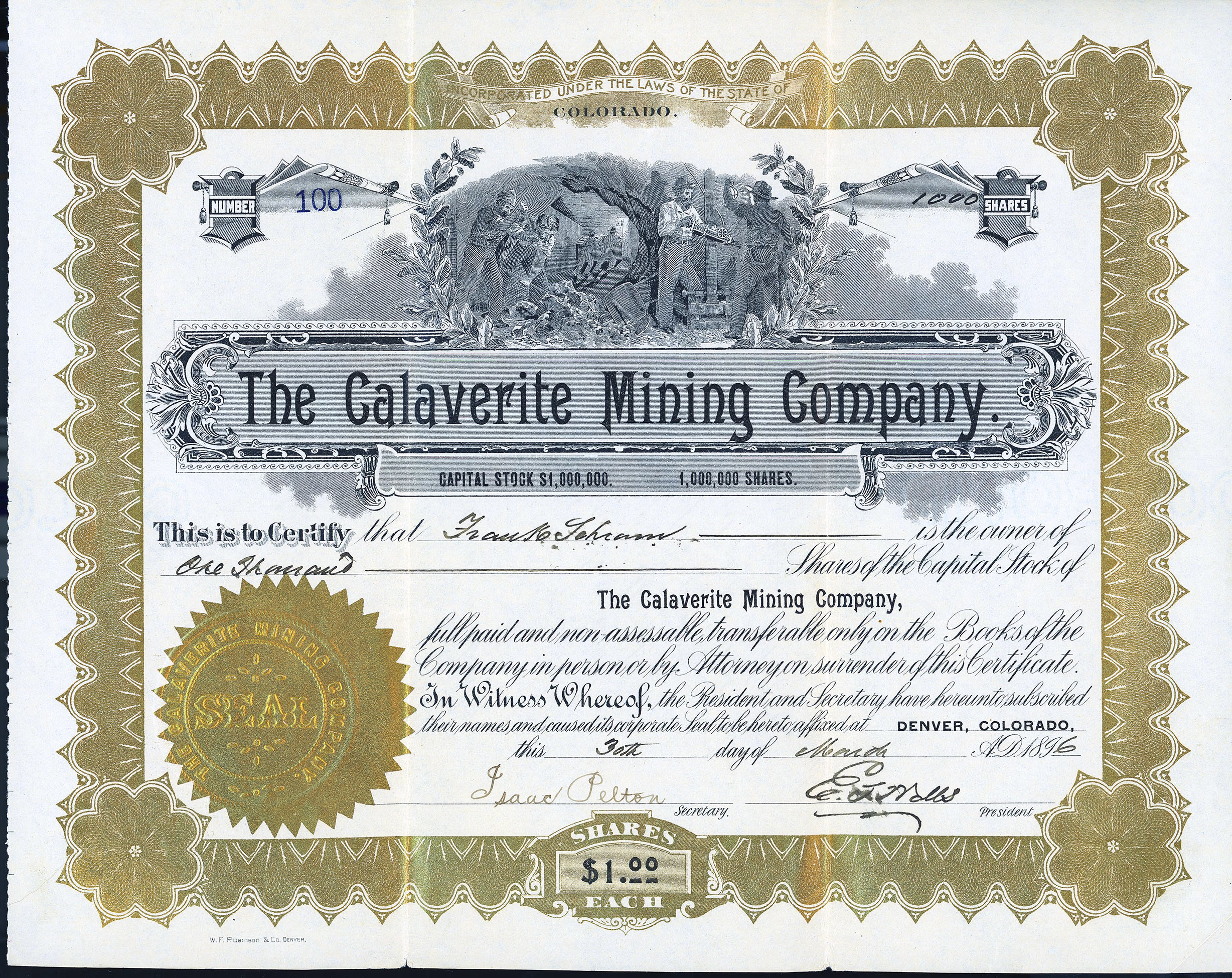 CALAVERITE MINING COMPANY stock certificate Silverton San Juan County Colorado 1896