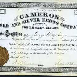 CAMERON GOLD AND SILVER MINING COMPANY Mineral Point San Juan County Colorado stock certificate 1882