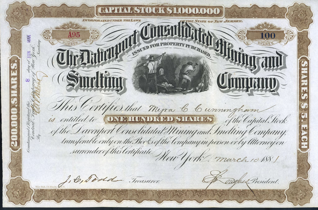 DAVENPORT CONSOLIDATED MINING AND SMELTING COMPANY stock certificate Mineral Point San Juan County Colorado 1881