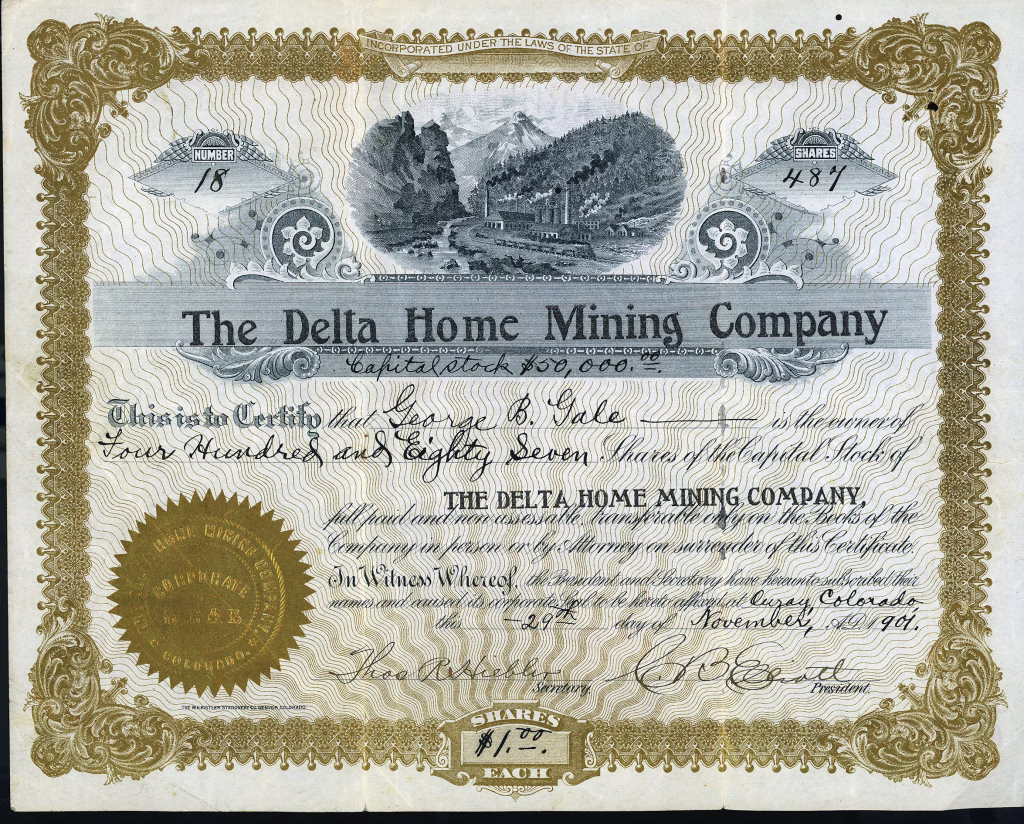 DELTA HOME MINING COMPANY stock certificate Ouray Colorado 1901
